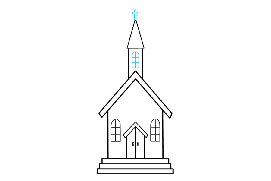 步骤6：再次使用弯曲的直线在尖顶上绘制一个窗口。使用垂直和水平线绘制窗格。在顶部绘制一个十字架，勾勒出一个小写字母“ t”的形状。
