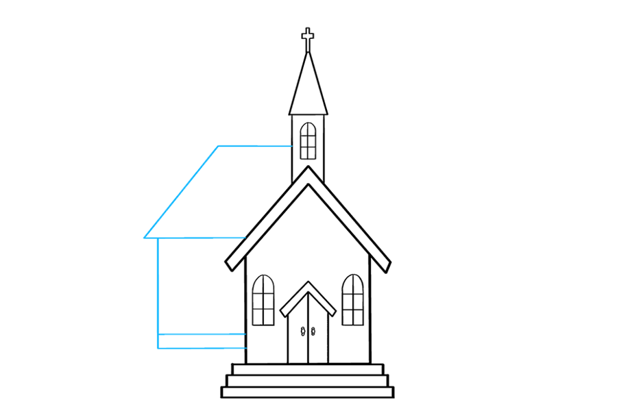 步骤7：扩展建筑物。使用直线在一侧绘制矩形。画一条平行于底部的直线以表示基础。在矩形上方，通过包围一半梯形来绘制屋顶。