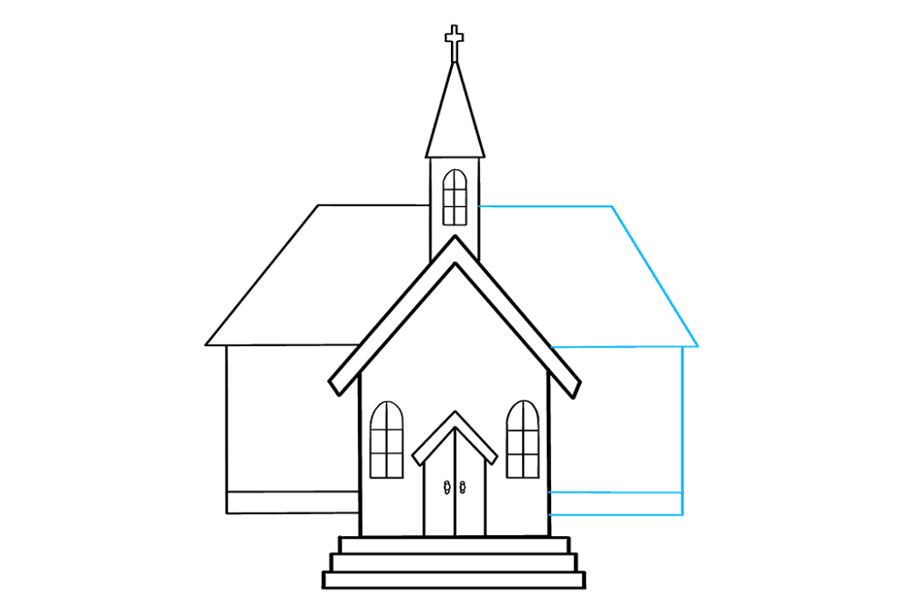 步骤8：在另一侧展开建筑物。同样，使用直线将矩形围起来。在其底部绘制一条水平直线。然后，完成代表屋顶的梯形。