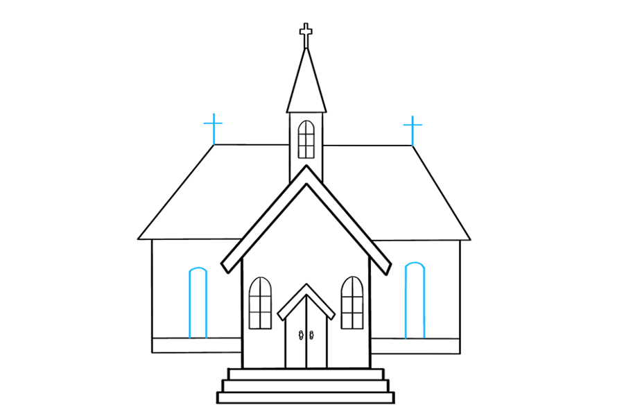 步骤9：使用曲线将狭窄的窗户封闭在建筑物的侧面。在屋顶的每个角上绘制一个十字，例如字母“ t”。