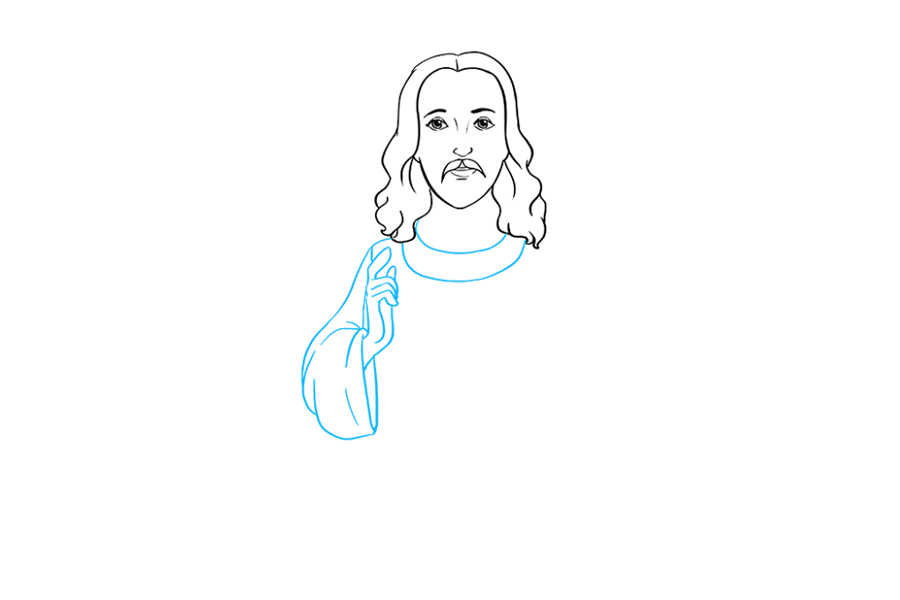 步骤4：在脖子的底部绘制两条“ U”形线，以形成衣服的衣领。然后，使用一系列重叠的线将套管包围起来。注意短线如何指示材料中的折叠。接下来，使用重叠的曲线绘制卡通耶稣的手，手掌和手指。