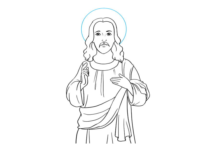 步骤9：在头部后面画一个圆圈，表示光环。