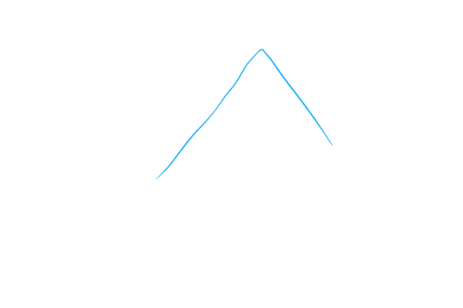 步骤1：首先绘制两条倾斜线，形成在底部打开的三角形。请注意，一行比另一行长。这形成了房屋屋顶的屋檐。