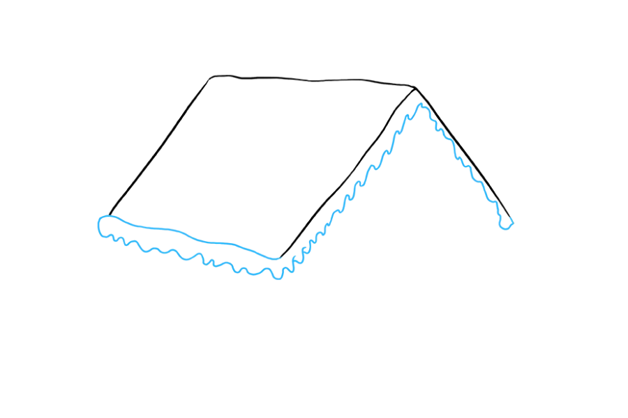 步骤3：用波浪线连接两个屋檐，完全包围屋顶的一侧。然后，画出另一条波浪线。从后檐开始；沿着屋顶的边缘，然后沿着前檐的一侧向上，然后沿着另一侧向下。这是将姜饼屋连在一起的糖霜。难道还不像冰雪粘在屋顶上吗？
