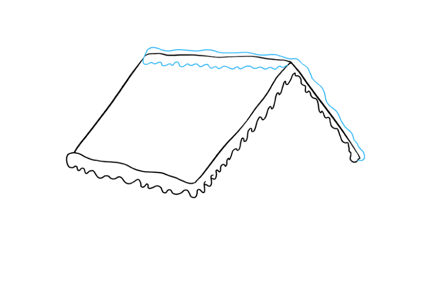 步骤4：画出另一条波浪线。从屋檐的顶峰开始，并在屋顶顶部下方绘制线条。将其重压一遍，在屋顶上方和一个屋檐下移动。这会产生更多的粘合糖霜。