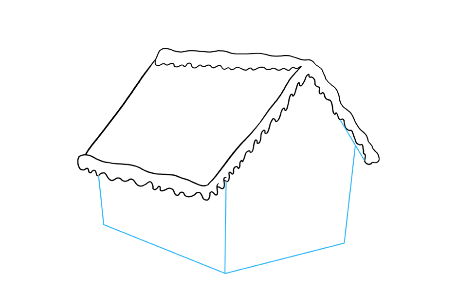 步骤6：从屋顶的每个下角向下绘制一条直线。使用其他直线连接这些线，以包围房子的立方体形状。
