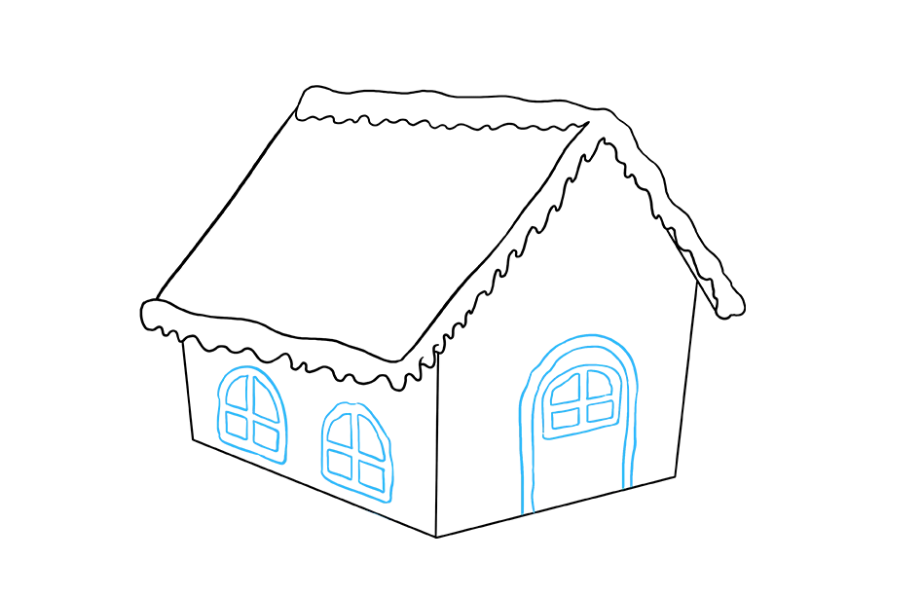 步骤7：绘制在顶部倒圆并在底部平坦的形状以指示门窗。对于每个上部窗格，绘制一个在一侧弯曲的三角形，并为下部窗格使用圆角矩形。窗玻璃的排列方式应使中间形成“ t”形或十字形。
