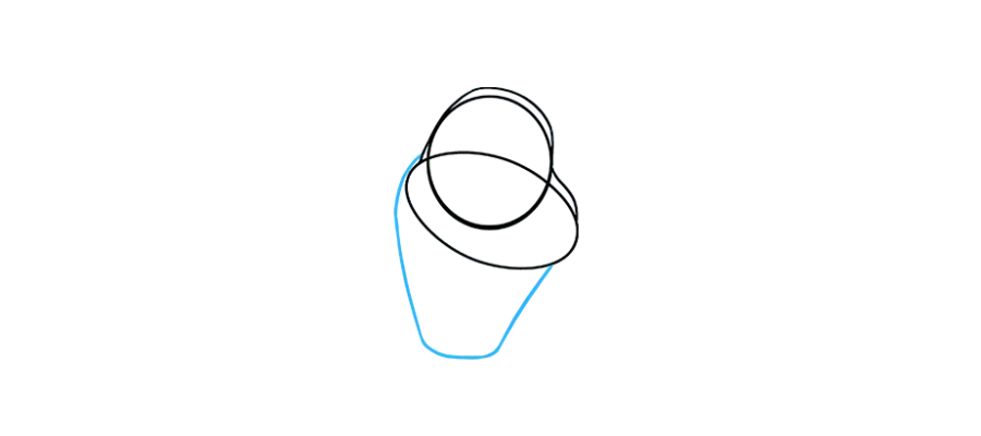 步骤4：使用长而弯曲的线勾勒出头部下方的不规则形状。这形成了下巴和颈部的底部。