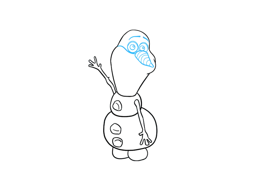 步骤8：细化Olaf的脸。将胡萝卜鼻子的不规则形状围起来，并用弯曲的线条绑起来。在胡萝卜上方，围上两个圆圈以形成眼睛。在每个圆圈内，在一个圆圈内绘制另一个圆圈以形成瞳孔。在脸上画一条曲线以形成颌骨的顶部，并在每只眼睛上方使用曲线表示眉毛。