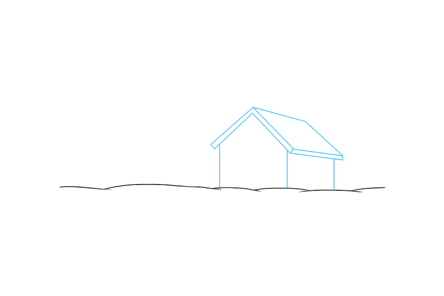 步骤2：画一个三维房子。首先绘制三个垂直的直线。然后，使用直线连接线，使新线延伸到房屋边缘之外。这将形成屋顶的屋檐。绘制与上一条平行的第二条直线，并使用短的直线连接它们。最后，使用两条直线围住屋顶的矩形形状。