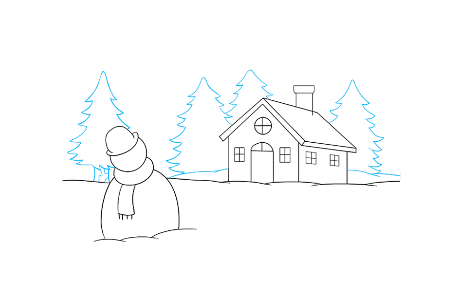 步骤6：在背景中绘制松树。首先使用曲线形成山丘。使用在钝点处连接的短弯线形成树木。对于最近的树，请使用两条曲线绘制树干。