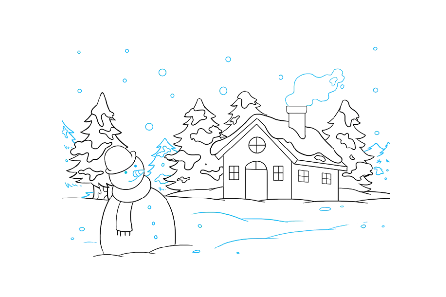 步骤9：再次使用短弯曲线在背景中绘制其他树木。在烟囱上方围上不规则形状以指示冒烟。细化雪人的细节-在他的身体上添加小圆圈以形成纽扣，眼睛点，嘴巴弯曲线和一个三角形弧形三角形，以显示他的胡萝卜鼻子。使用曲线添加更多的飘雪，并使用各种大小的圆圈表示飘落的雪花。