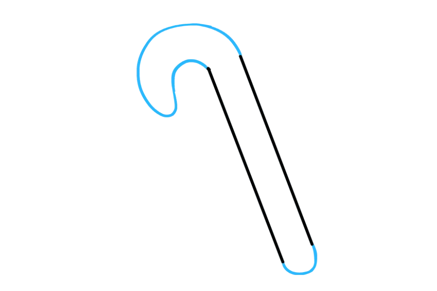 步骤2：绘制一条长的曲线，连接平行线的顶部。请注意，线是如何弯曲成“ U”形的，并自身加倍以形成棒棒糖的弯曲。使用短的弯曲线连接底部的平行线。