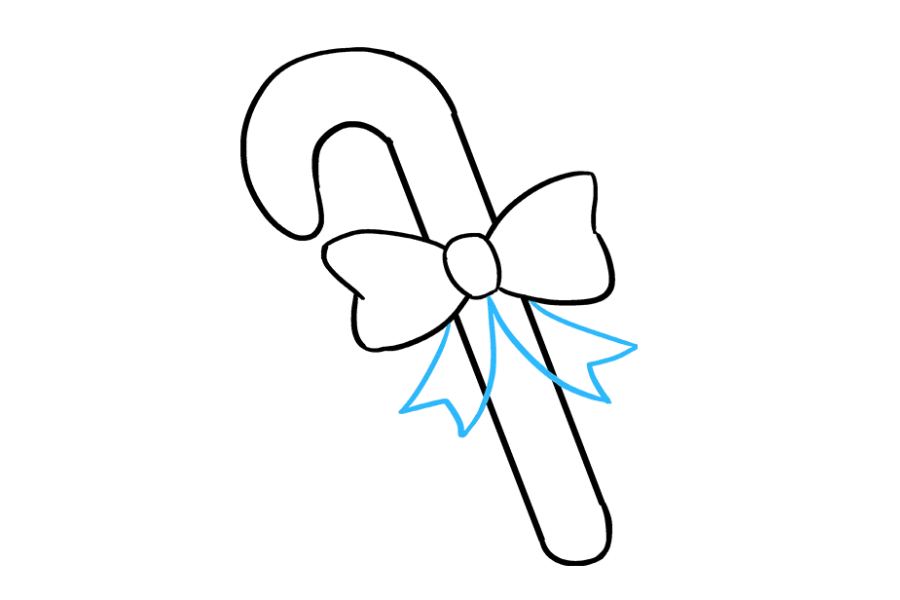 步骤7：从蝴蝶结上延伸出两组线，每组线向外弯曲。通过绘制上下颠倒的“ V”来连接底部的每组线。这些线形成了从弓箭发出的丝带。