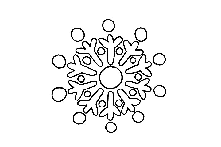 步骤3：再来补充最后的角，完全变成一个圆形，并在中间画上一个圆，雪花基本完成!