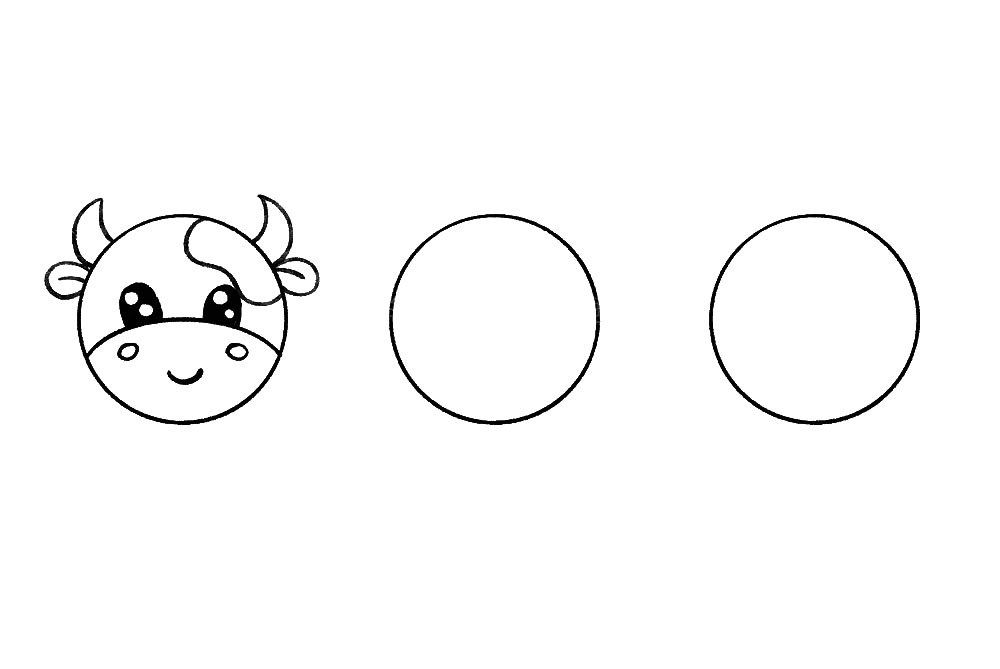 步骤4：犄角和小耳朵，我们可以在脸上加一块斑纹，小奶牛就画好了。