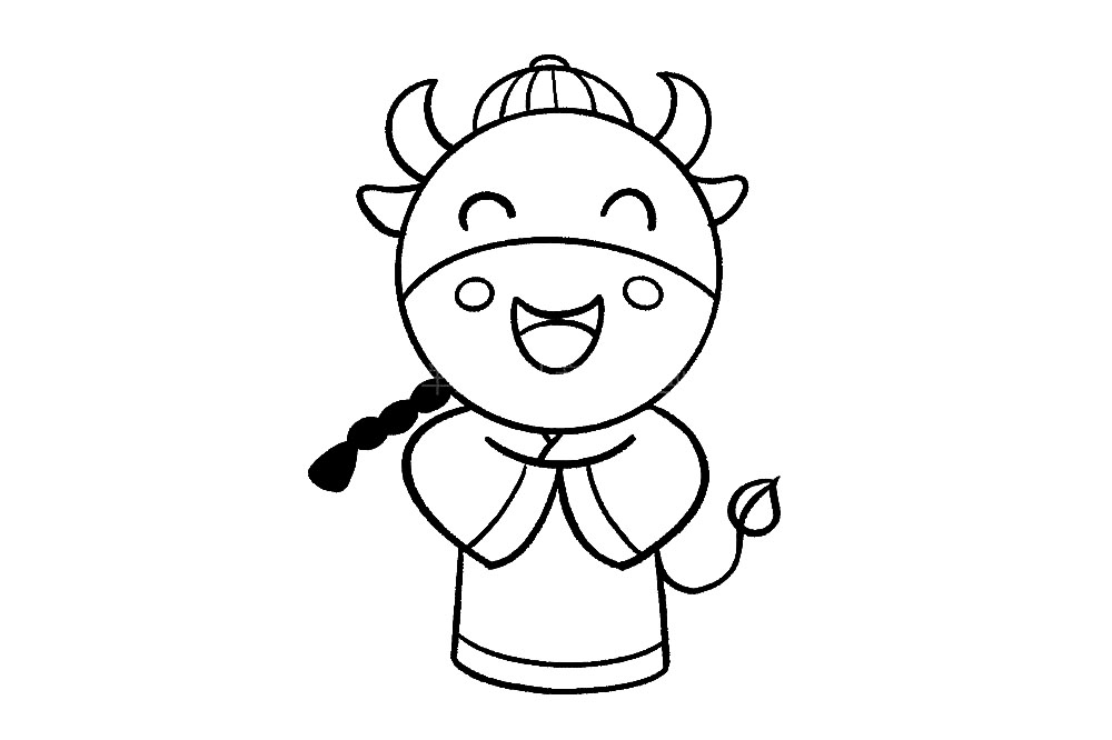 步骤9：最后，给小牛画一个清代的小辫儿，再加上尾巴