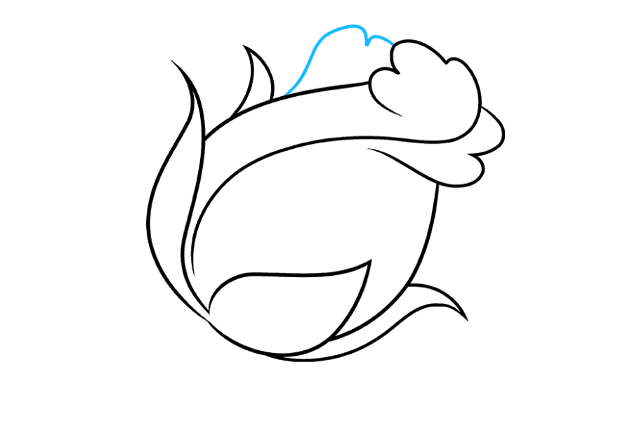 步骤7：在芽的顶部绘制一对曲线，以包围另一个花瓣的不规则形状。