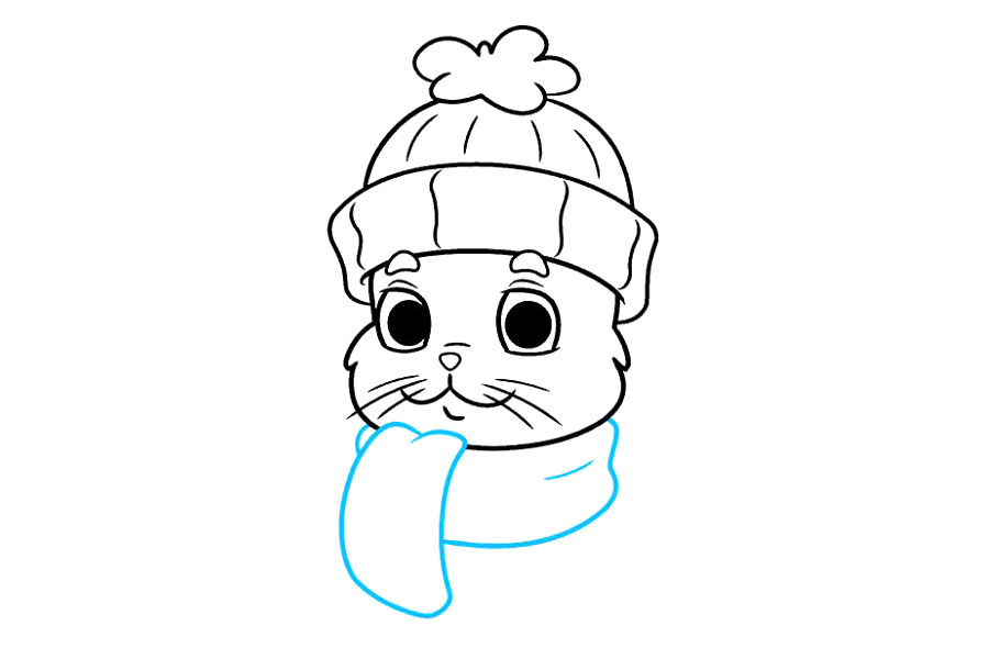 步骤6：接下来，画一条围巾。使用重叠的曲线画出围巾的包裹在脖子上并翻倍的部分，垂下。使用曲线表示材料中的褶皱。