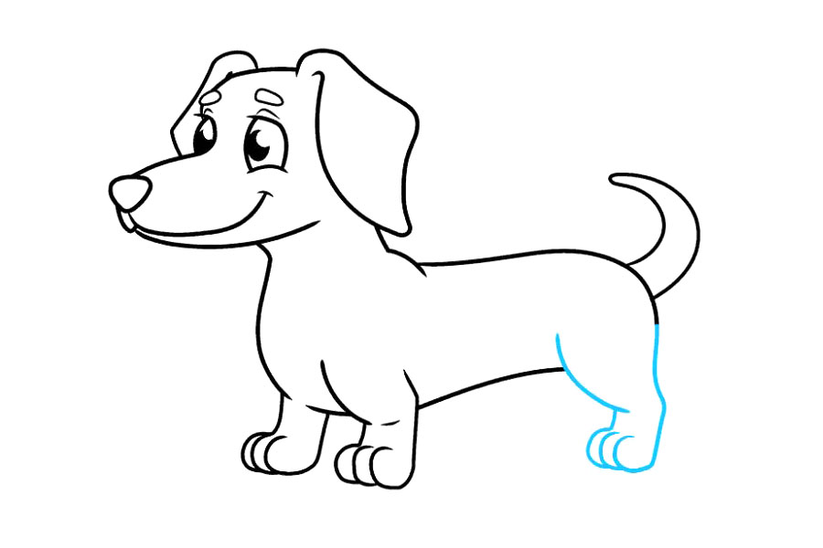 步骤8：画后腿。使用重叠的曲线勾勒大腿，脚掌和脚趾的轮廓。