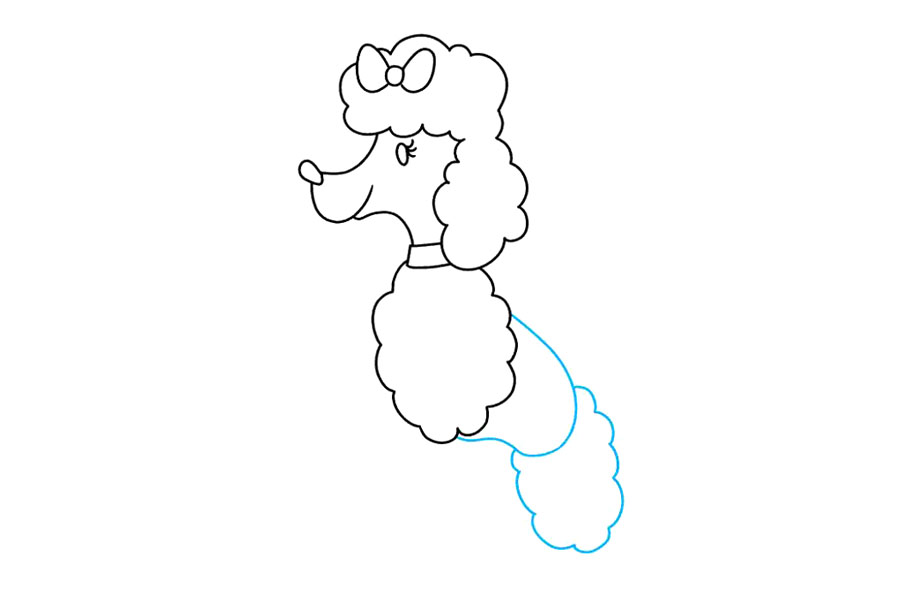 步骤4：使用曲线将不规则形状围在躯干的一侧，以完成身体。在此下方，使用曲线将另一个云状形状包围起来。这表明腿和臀部的皮毛。