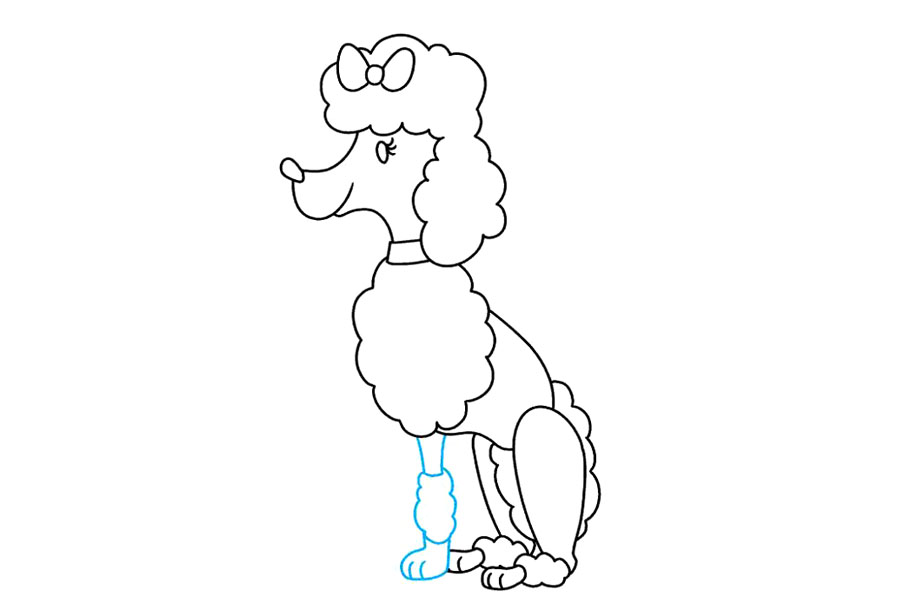 步骤7：画前腿。延伸两条大腿曲线，然后延伸成云状的皮毛。延长一条线，然后将其自身重新加倍形成爪子。使用短线区分脚趾。