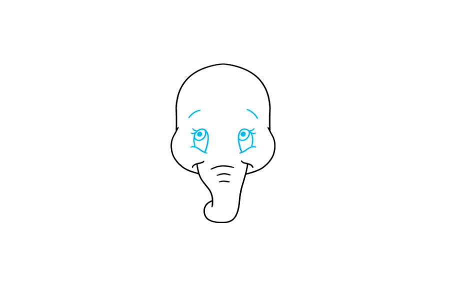 步骤3：画小飞象的眼睛。为每只眼睛画一条曲线，并在其顶部围上一个椭圆形。然后，在每只眼睛内圈出两个连续较小的圆圈。阴影较小以指示瞳孔。在眼睛的侧面绘制曲线以指示睫毛，在眉毛上方绘制曲线。