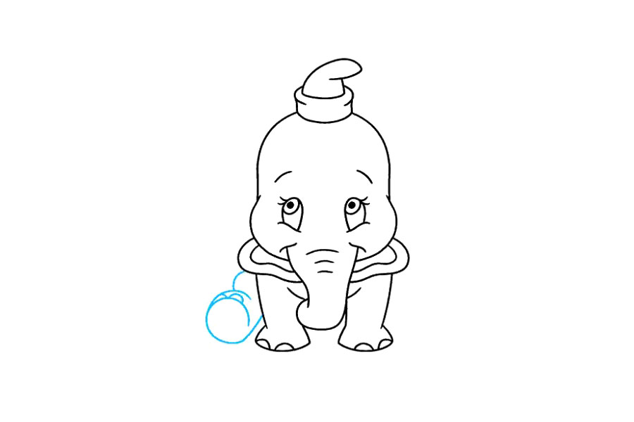 步骤7：画小飞象坐下的后腿。使用重叠的曲线，注意勾勒出脚底的螺旋形或“ C”形线。圈出半圆形以指示脚趾甲。