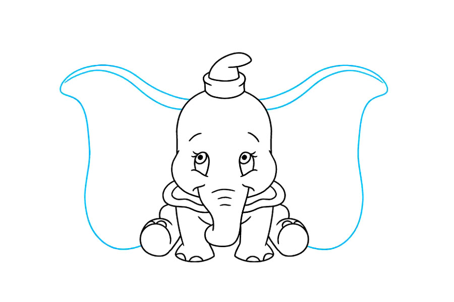 步骤9：画小飞象标志性的大耳朵。从帽子正下方到脚的侧面画一条长曲线。在顶部附近用曲线勾勒耳朵的轮廓。