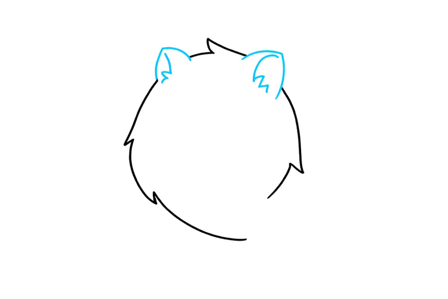 步骤2：画耳朵，必要时进行擦拭。对于每只耳朵，使用两条相交的曲线。用形成毛茸的锯齿形图案的一系列曲线细化每个耳朵的内部。