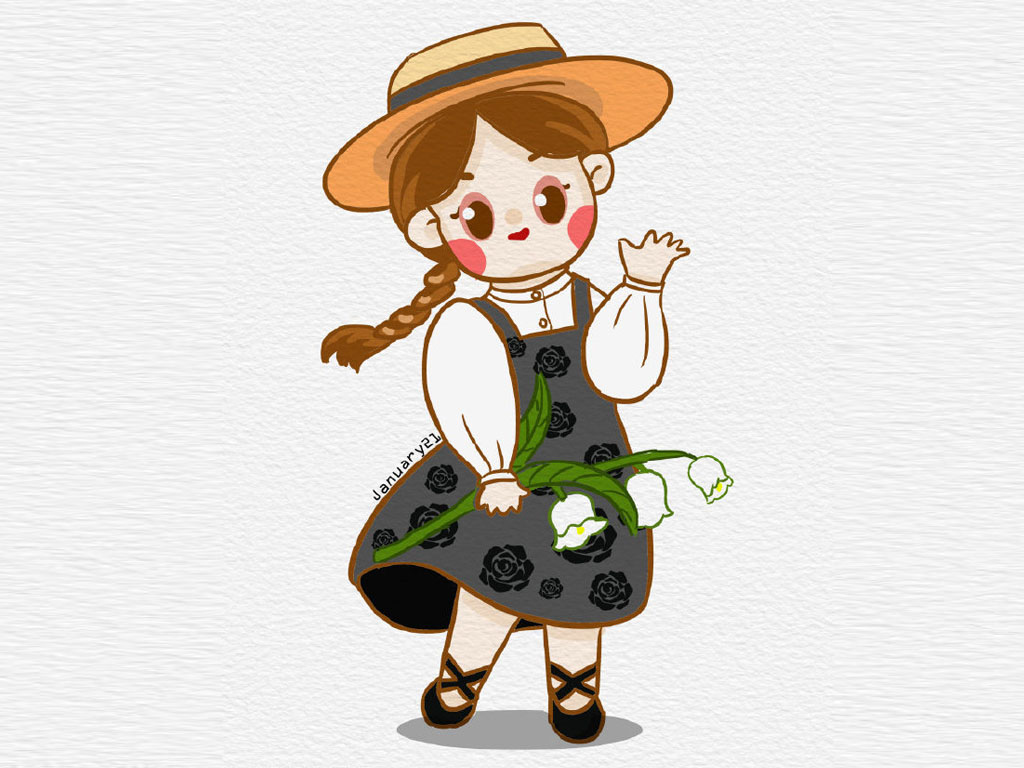 花与少女 漂亮的小女孩简笔插画-图2