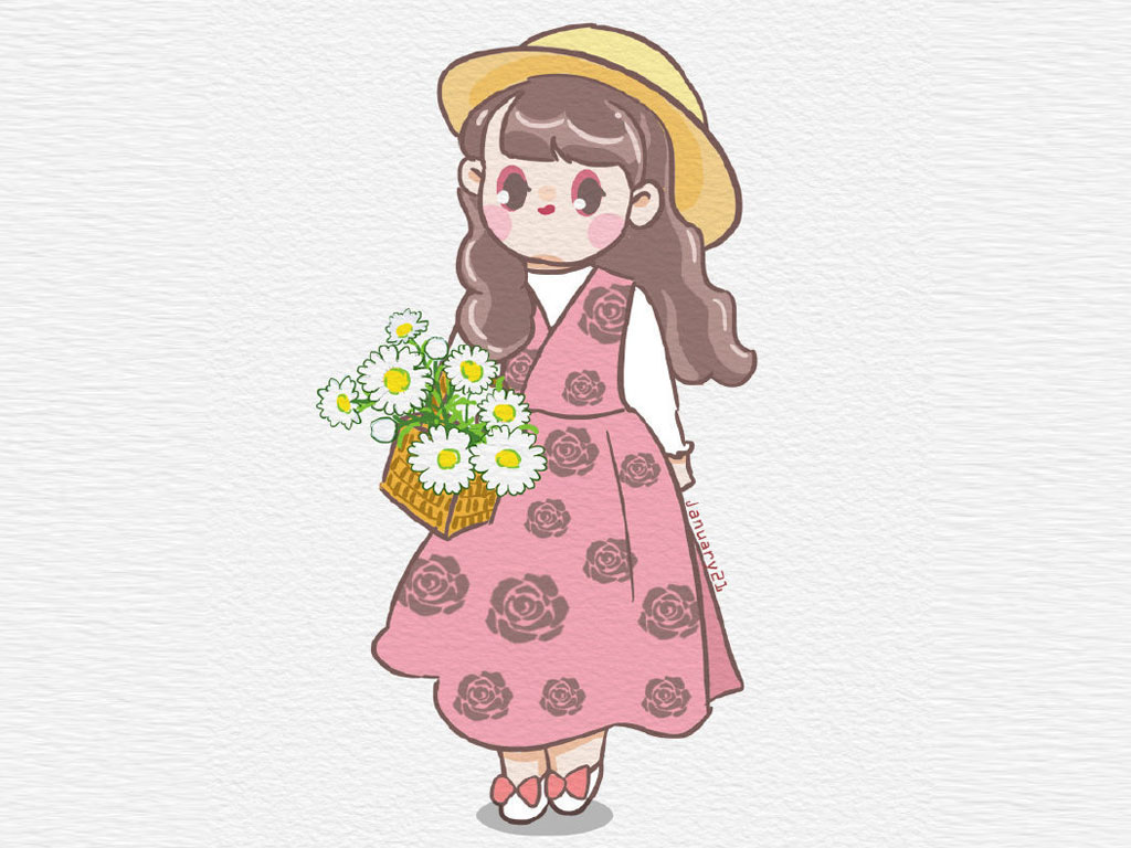 花与少女 漂亮的小女孩简笔插画-图3