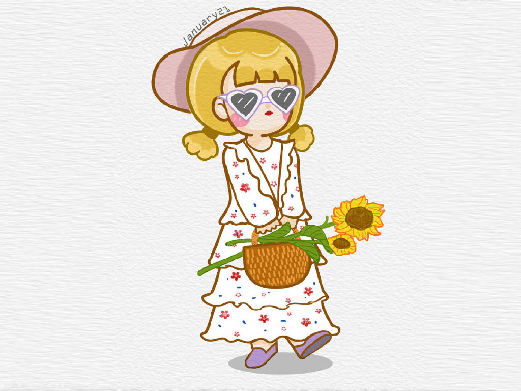 花与少女 漂亮的小女孩简笔插画-图4