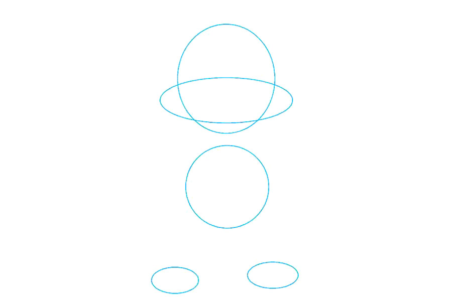 步骤1：首先，画两个圆，它们将形成头部和身体。在上圆的底部绘制一个水平的椭圆形；这将帮助您勾勒出阿奇的下颚。然后，在圆圈下方绘制两个小椭圆形。这些将成为大爪子。