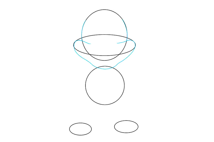步骤2：在水平椭圆内，画一条长的曲线。它应该延伸到椭圆的边缘，向下倾斜以越过下部圆的顶部，在相对的一侧与椭圆交汇，然后进入椭圆。这画出来阿奇的下巴。