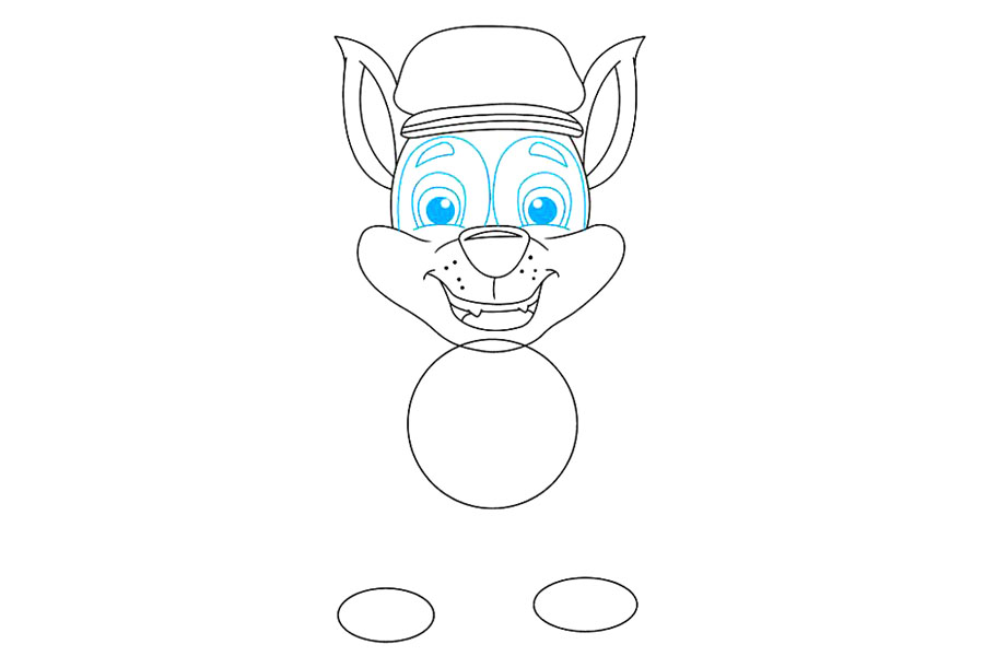 步骤5：画眼睛。在脸颊上方绘制曲线，然后在两侧分别围成两个椭圆形。在椭圆形内部，依次绘制两个较小的圆形，并在它们之间绘制阴影。在两个椭圆形之间画出弯曲的，尖的眉毛。