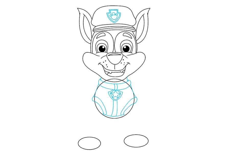 步骤6：用曲线勾勒大通警察制服和领子的轮廓。然后，绘制箭头形状以在他的帽子上形成他的小狗标签和徽标。在帽子徽标中绘制一个爪印，以形成“爪子巡逻队”标志，并在其小狗标签中绘制一个星星。