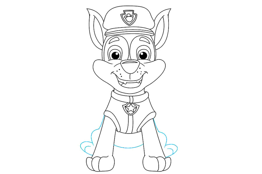 步骤8：用前腿之间的曲线画腹部。用曲线画出后腿和脚掌。