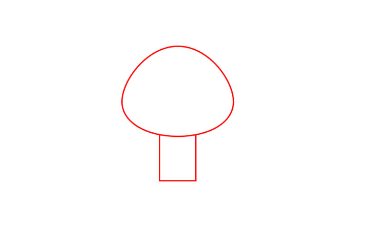 步骤1：画一个椭圆上尖下扁，下方画一个矩形，像一个蘑菇，这是小兔子的头和身体的轮廓。