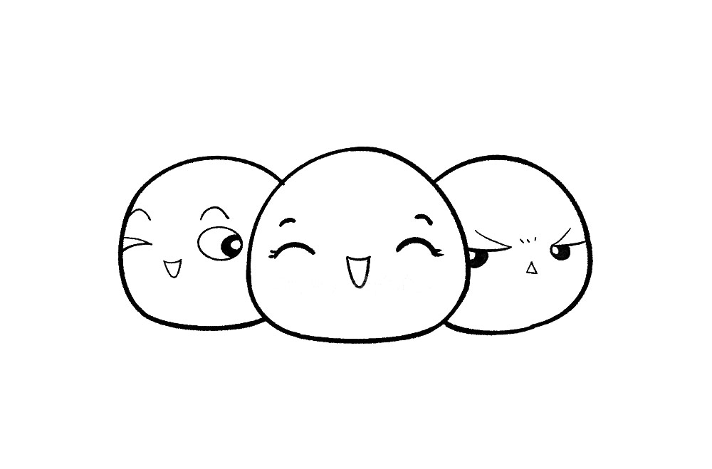 步骤6：三个小汤圆的表情我们可以画得各不相同，这样会更加生动有趣。