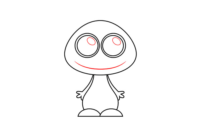 步骤5：在卡通外星人的瞳孔内添加两个小椭圆形完成眼睛的绘画。使用长长的曲线完成嘴巴。