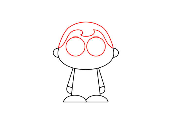 步骤5：用大圆圈画出眼睛。这些圆形形状可以彼此相邻放置，如图所示。头发是用小弯曲线完成的。