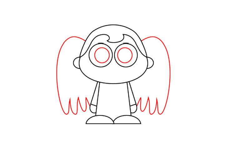 步骤6：开始画瞳孔，与眼睛相比，这些瞳孔之间的距离稍微靠近。翅膀由长长的曲线画成。