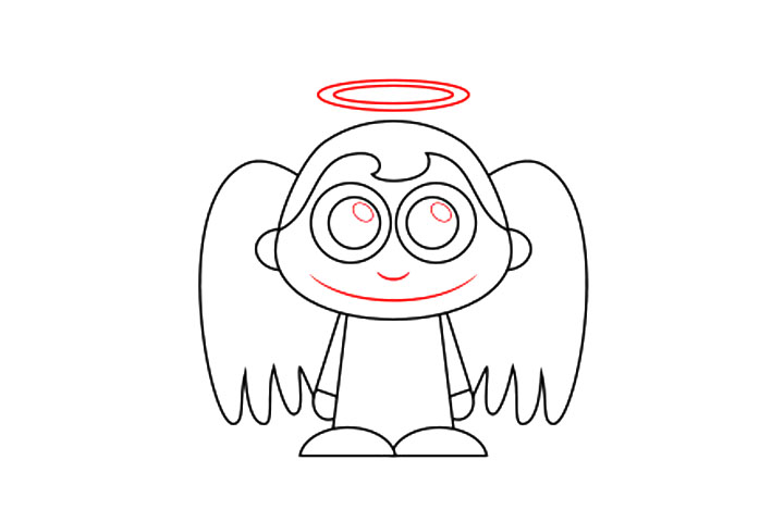 步骤7：最后，在卡通人物的头部上方画一个小环。瞳孔里再画小的椭圆形。最后，鼻子和嘴巴是由长长的曲线画成的。