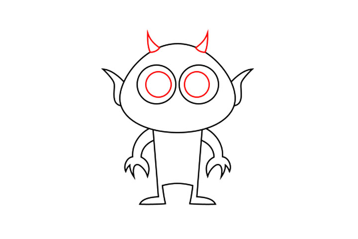 步骤4：在头顶上，画三角形的两个小角。画眼睛里的大瞳孔，这是打造可爱角色的最重要技巧!