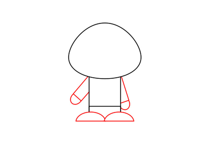 步骤3：现在，您可以继续使用长矩形画手臂。手是由圆圈组成的。请注意，右手稍微抬起。脚是小半圆形的。