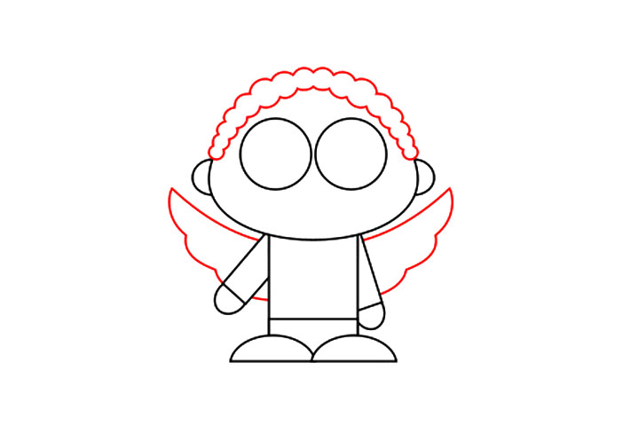 步骤5：用波浪线完成头发。翅膀很小，由几条曲线画成。