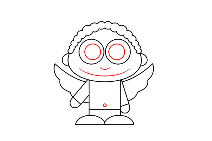 步骤6：现在是时候添加较小的细节了。用圆圈画大瞳孔。鼻子和嘴巴是用小曲线画成的。一个小点是丘比特的肚脐。