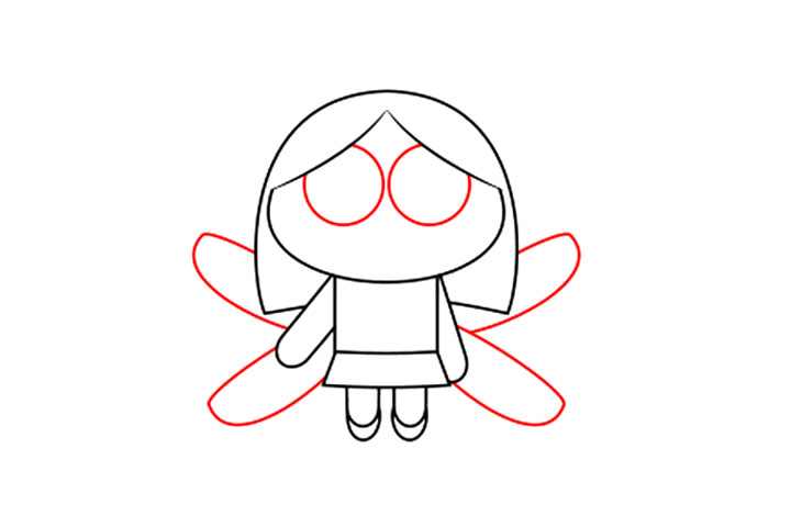 步骤3：画两个大圆圈在头部轮廓里面，是小仙女的眼睛，注意遮挡关系，然后画小仙女背后的翅膀。