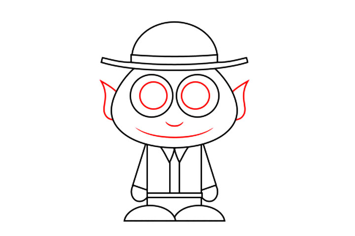 步骤3：开始画他的瞳孔、嘴巴、鼻子和耳朵。